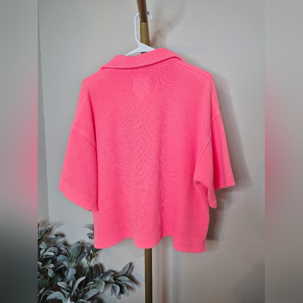 AERIE Wonder Short Sleeved Pink Polo Sweatshirt - Picture 4 of 4